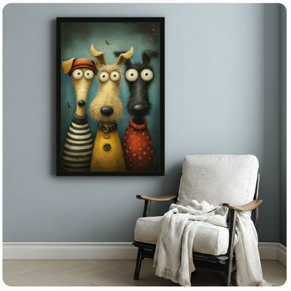 Whimsical oil painting illustration of three tall funny dogs with oversized googly eyes standing together wearing colorful outfits including a striped sweater a yellow coat with a collar and a red polka-dot top against a moody teal background funny dog wall art framed print beside white wood armchair on blue-gray wall
