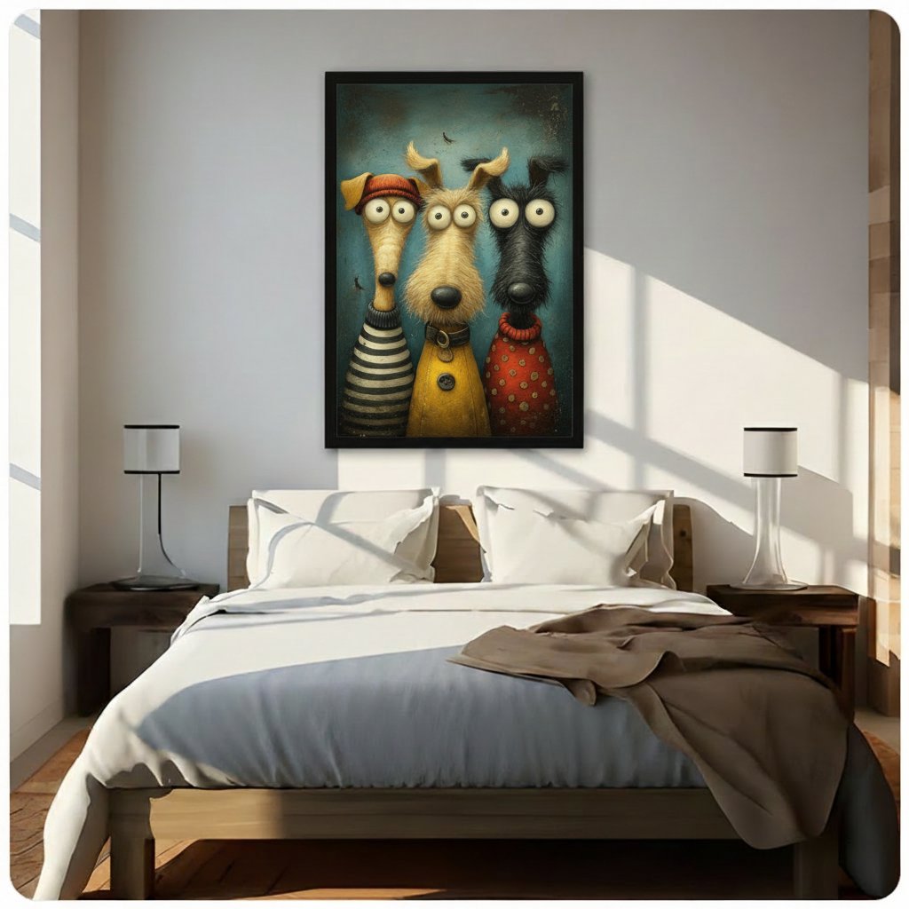 Whimsical oil painting illustration of three tall funny dogs with oversized googly eyes standing together wearing colorful outfits including a striped sweater a yellow coat with a collar and a red polka-dot top against a moody teal background funny dog wall art framed print above bedroom with white bedding and dark wood bedside tables