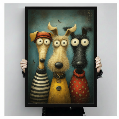 Whimsical oil painting illustration of three tall funny dogs with oversized googly eyes standing together wearing colorful outfits including a striped sweater a yellow coat with a collar and a red polka-dot top against a moody teal background funny dog wall art framed print held against light gray background