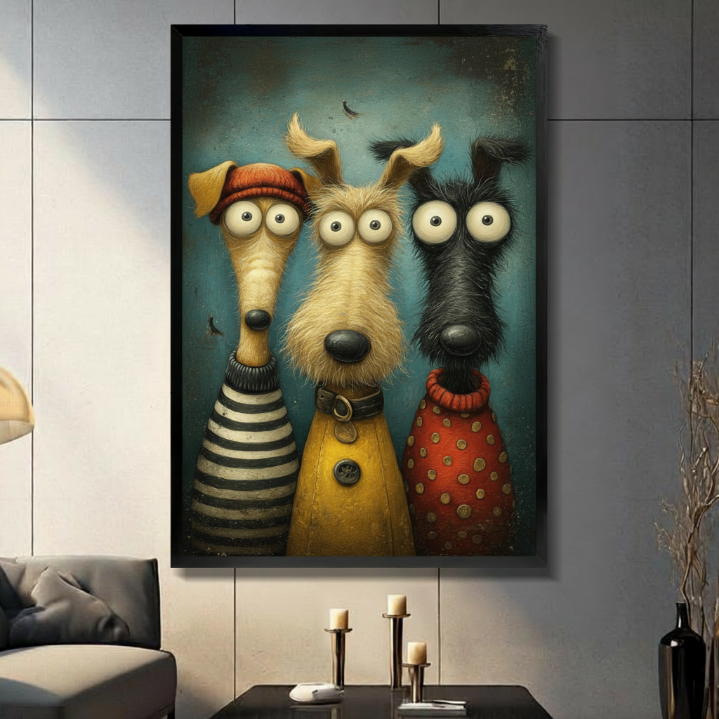 Whimsical oil painting illustration of three tall funny dogs with oversized googly eyes standing together wearing colorful outfits including a striped sweater a yellow coat with a collar and a red polka-dot top against a moody teal background funny dog wall art framed print in living room with light gray panel wall and dark sofa