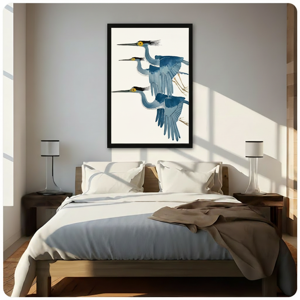 Three flying herons Japanese watercolor framed canvas displayed above bed in sunlit neutral bedroom - serene ukiyo-e inspired heron wall art with soft blue grey feathers golden eyes and cream background for elegant tranquil bedroom decor