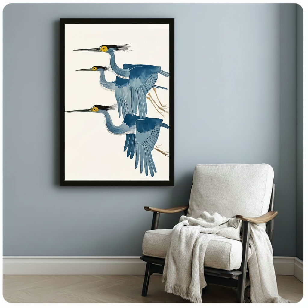 Three flying herons Japanese watercolor framed art print beside wooden accent chair with linen throw on blue grey wall - tranquil ukiyo-e heron canvas wall decor with soft blue grey plumage and warm cream palette for Zen reading nook