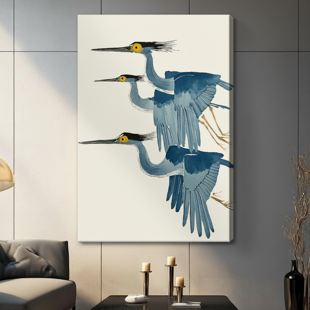 Unframed three flying herons Japanese watercolor style canvas print - serene ukiyo-e inspired blue grey heron wall art with detailed feather texture golden eyes black plume crests and golden talon legs on cream background for contemporary home decor