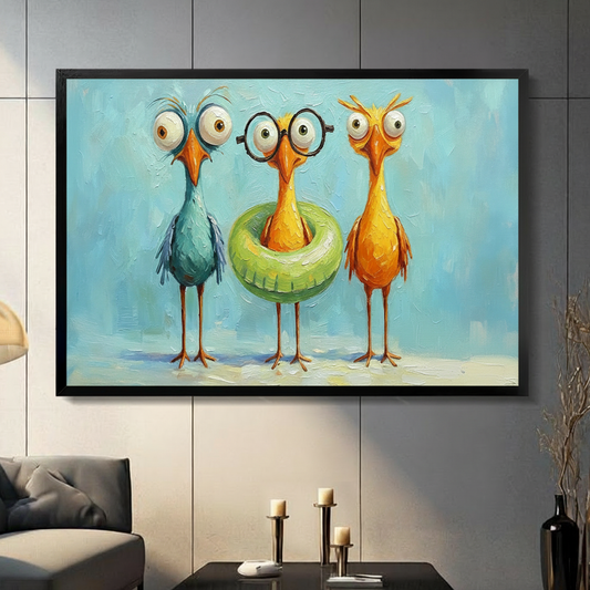 Whimsical impasto oil painting of three bug-eyed cartoon birds a teal bird an orange bird in round glasses with a green swim ring and a spiky-crested orange bird against a light blue background quirky bird wall art framed print in a living room with dark gray panel wall and dark sofa