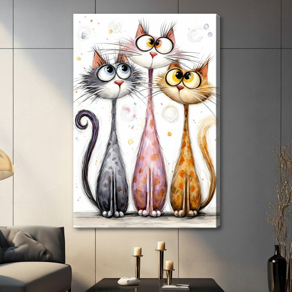 Whimsical watercolor illustration of three quirky long-necked cats with oversized eyes and glasses standing side by side on a white background funny cat trio wall art stretched canvas in living room with dark gray panel wall and dark sofa