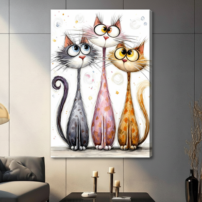 Whimsical watercolor illustration of three quirky long-necked cats with oversized eyes and glasses standing side by side on a white background funny cat trio wall art stretched canvas in living room with dark gray panel wall and dark sofa