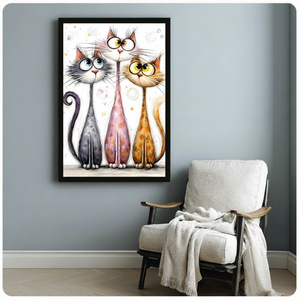 Whimsical watercolor illustration of three quirky long-necked cats with oversized eyes and glasses standing side by side on a white background funny cat trio wall art framed print beside white armchair on blue-gray wall