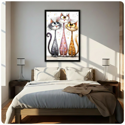 Whimsical watercolor illustration of three quirky long-necked cats with oversized eyes and glasses standing side by side on a white background funny cat trio wall art framed print above bedroom with white bedding and dark wood bedside tables