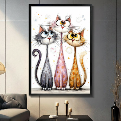 Whimsical watercolor illustration of three quirky long-necked cats with oversized eyes and glasses standing side by side on a white background funny cat trio wall art framed print in living room with dark gray panel wall and dark sofa