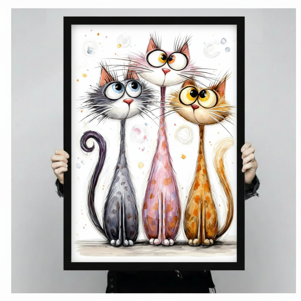 Whimsical watercolor illustration of three quirky long-necked cats with oversized eyes and glasses standing side by side on a white background funny cat trio wall art framed print held against light gray background