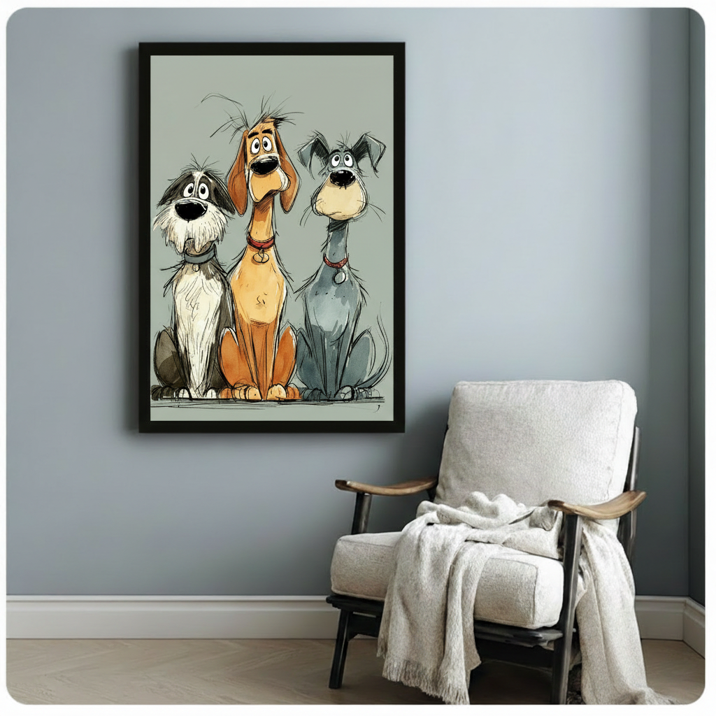 Whimsical cartoon sketch illustration of three expressive dogs sitting together including a shaggy white and gray dog a tall tan hound with floppy ears and a blue-gray terrier all wearing collars with wide funny eyes on a gray background funny dog wall art framed print beside white linen armchair on blue-gray wall