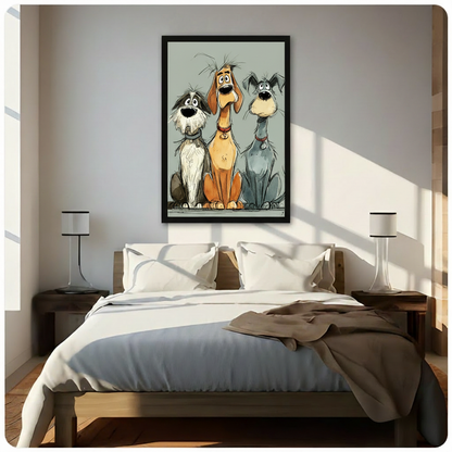 Whimsical cartoon sketch illustration of three expressive dogs sitting together including a shaggy white and gray dog a tall tan hound with floppy ears and a blue-gray terrier all wearing collars with wide funny eyes on a gray background funny dog wall art framed print above bedroom with white bedding and dark wood bedside tables