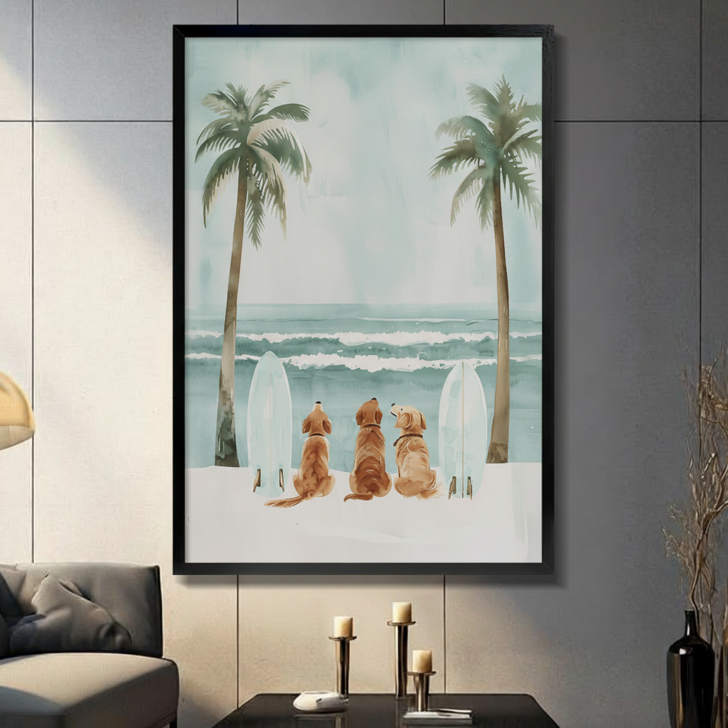 Three golden retrievers sitting on white sand beach with surfboards and palm trees watercolor illustration in black frame on dark grey panel wall – teal ocean coastal dog canvas wall art for living room