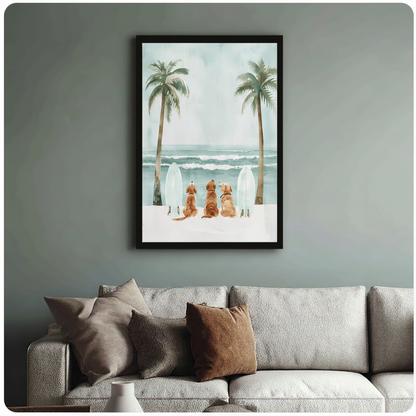 Framed three golden retrievers sitting on beach with surfboards and tall palm trees watercolor illustration above cream sofa on sage green wall – coastal teal ocean dog canvas wall art for living room decor
