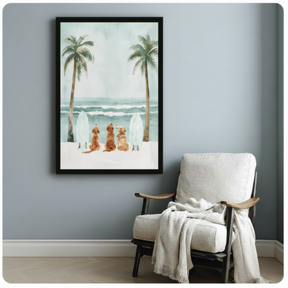 Three golden retrievers on white sand beach with surfboards framed watercolor illustration beside white linen armchair on blue grey wall – palm tree ocean coastal dog canvas art for reading corner
