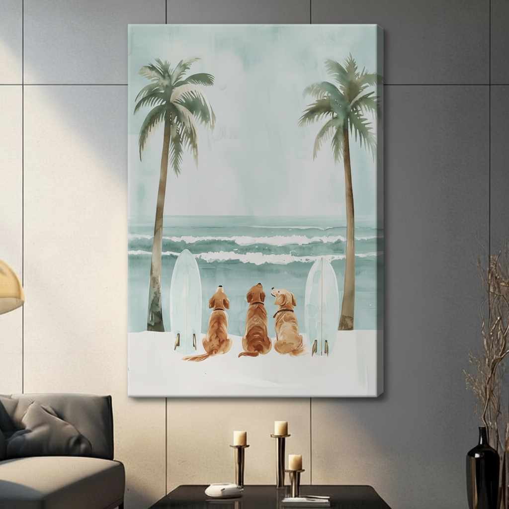Frameless three golden retrievers on sandy beach with white surfboards and coconut palm trees watercolor illustration on dark grey panel wall – teal blue ocean coastal dog canvas print for contemporary living room