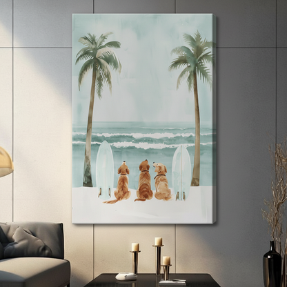 Frameless three golden retrievers on sandy beach with white surfboards and coconut palm trees watercolor illustration on dark grey panel wall – teal blue ocean coastal dog canvas print for contemporary living room
