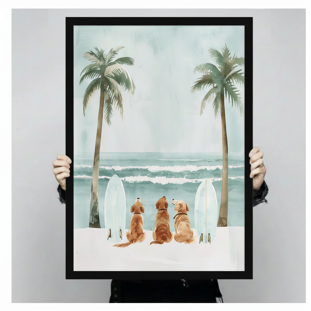 Hands holding framed three golden retrievers sitting on beach with white surfboards and palm trees watercolor illustration canvas – teal ocean coastal dog wall art size reference display