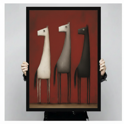 Close-up of a premium art print showing three whimsical elongated horses on a dark red background, held by hands to showcase print quality and detail