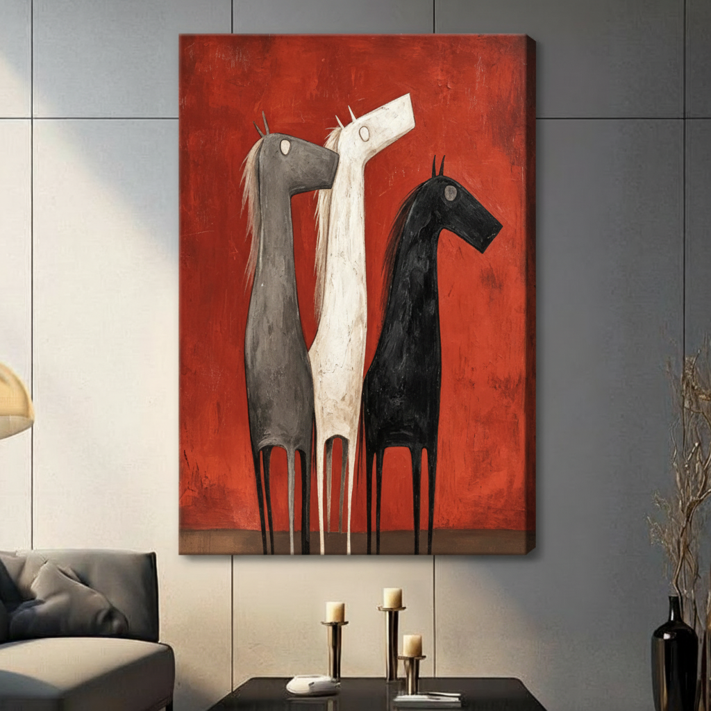 Whimsical naive folk art oil painting of three stylized horses standing side by side a gray horse with long mane a white horse with head raised and round eye and a black horse with upright ears all with slender pin-like legs against a rich rusty red textured background bold horse wall art stretched canvas in a living room with light gray panel wall dark sofa and black vase