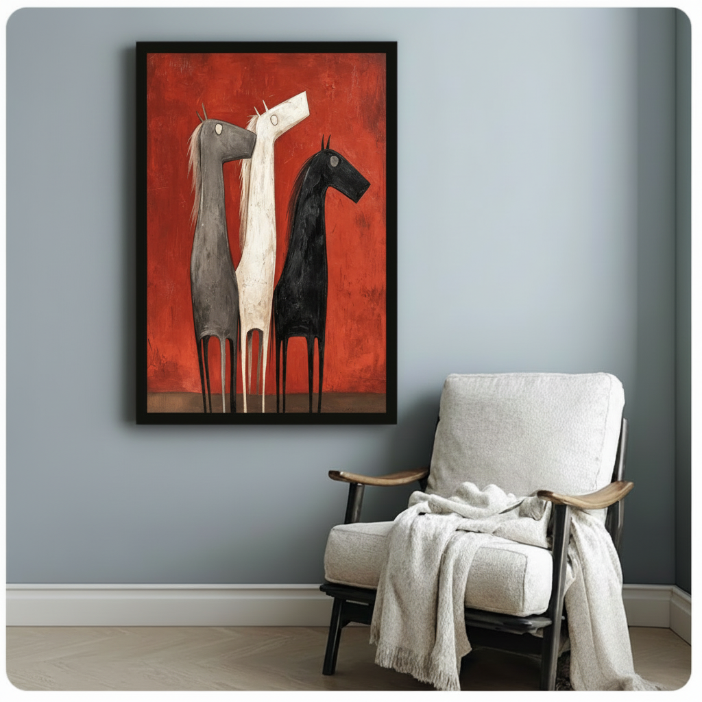 Whimsical naive folk art oil painting of three stylized horses in gray white and black with thin pin-like legs standing together on a dark brown ground line against a deep rusty red brushstroke background expressive horse wall art framed print above a white armchair with a linen throw on a light gray wall