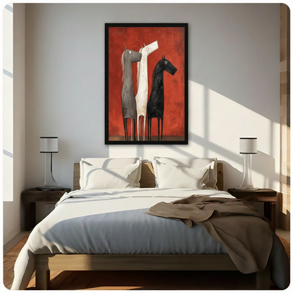 Whimsical naive folk art oil painting of three minimalist horses a gray a white and a black standing in a row with slender legs and individual character poses against a rich rust red textured background charming horse wall art framed print above a bedroom with white linen bedding and wooden bedside tables