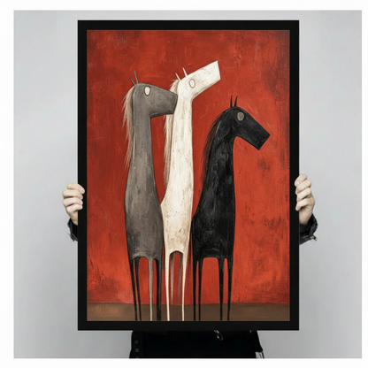 Whimsical naive folk art oil painting of three minimalist horses in gray white and black with slender legs and expressive faces a gray horse with flowing mane a white horse looking upward and a black horse with pricked ears against a bold rusty red textured background striking horse wall art framed print held against a light gray background