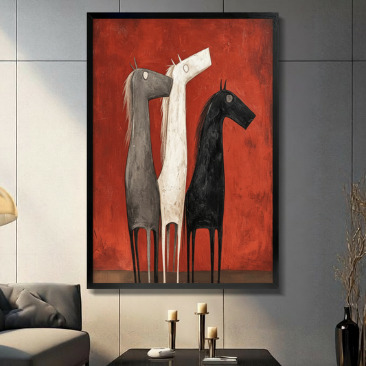 Whimsical naive folk art oil painting of three stylized horses in gray white and black with elongated necks slender legs and expressive eyes standing on a dark ground line against a bold rusty red impasto background distinctive horse wall art framed print in a living room with light gray panel wall dark sofa and black vase