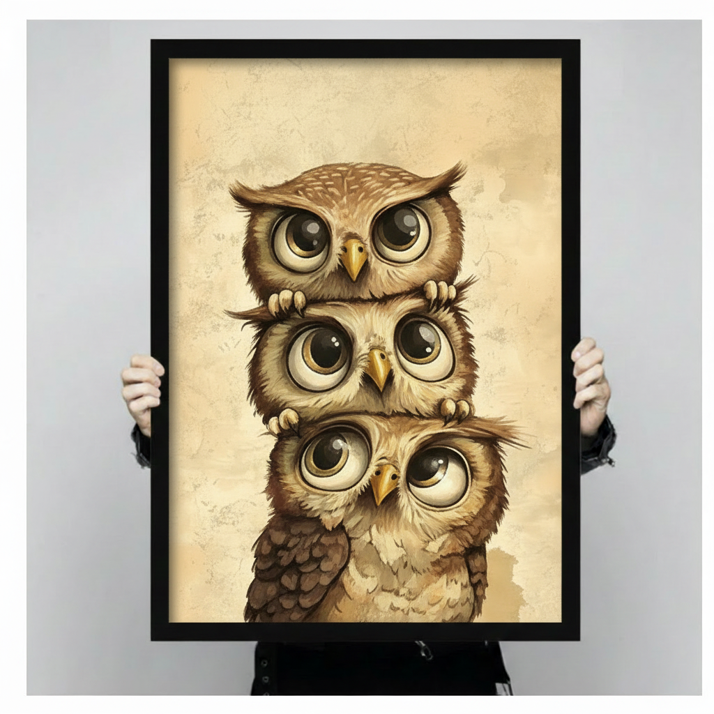 Close-up of a person holding a black-framed art print showing three stacked baby owls with big round eyes on an aged parchment background