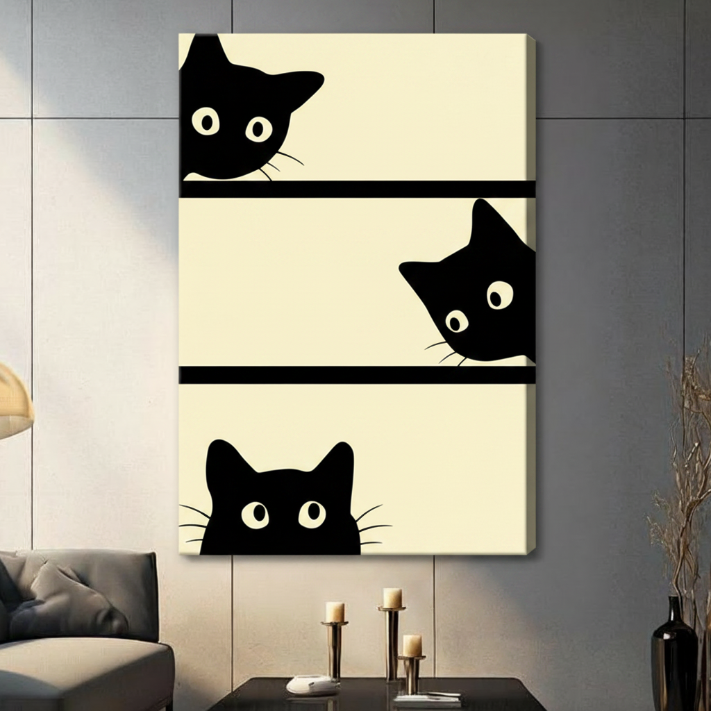 Gallery wrapped canvas art featuring three wide-eyed black cats peering over beige stripe panels in playful minimalist design, hung on grey wall above console table