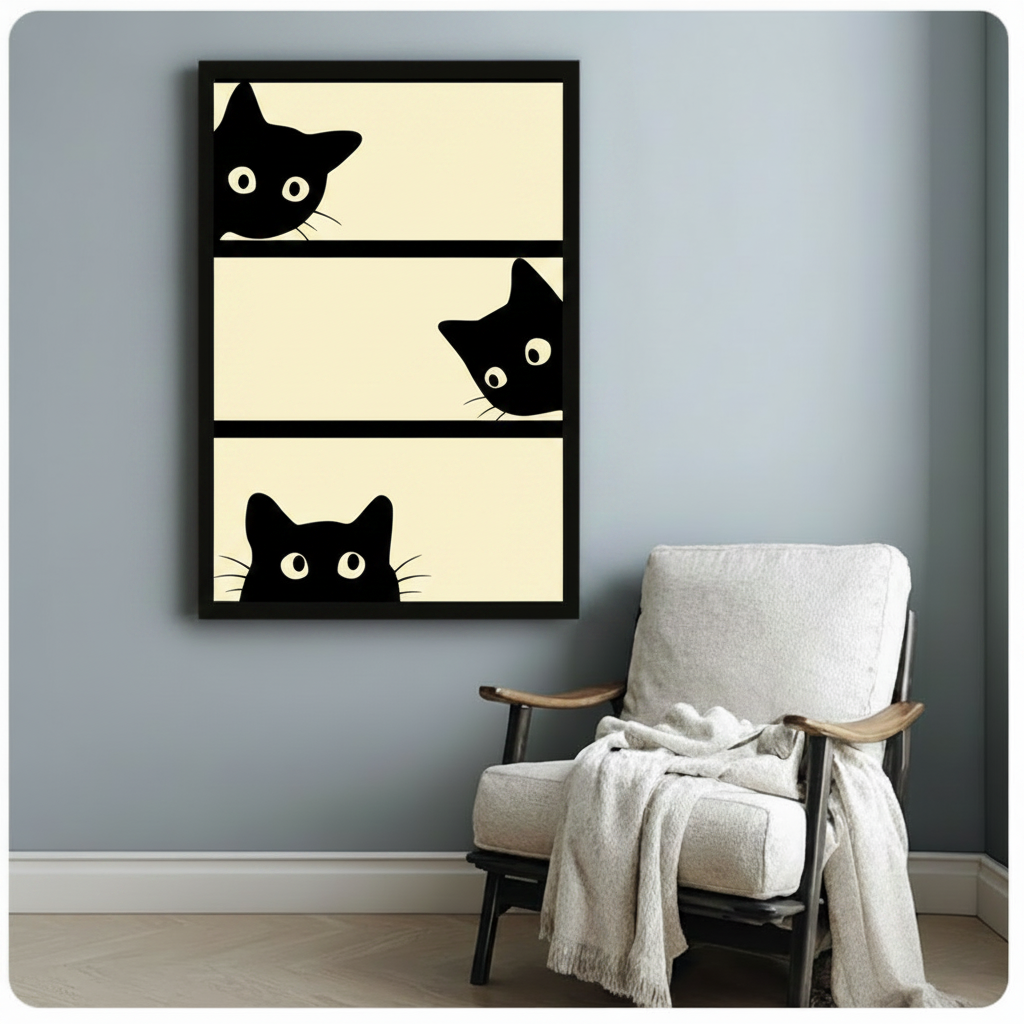 Black framed whimsical cat art print of three black cats with big round eyes peeking over beige panel edges in minimalist style, styled beside white linen armchair on blue-grey wall

