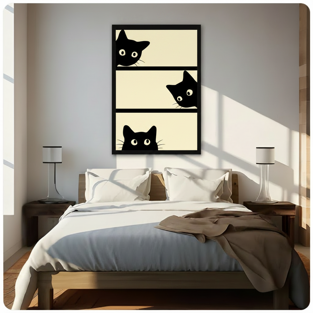 Large framed minimalist black cat wall art above bed, depicting three curious wide-eyed black cats peeking from beige horizontal panels in sunlit neutral bedroom with wood furniture




