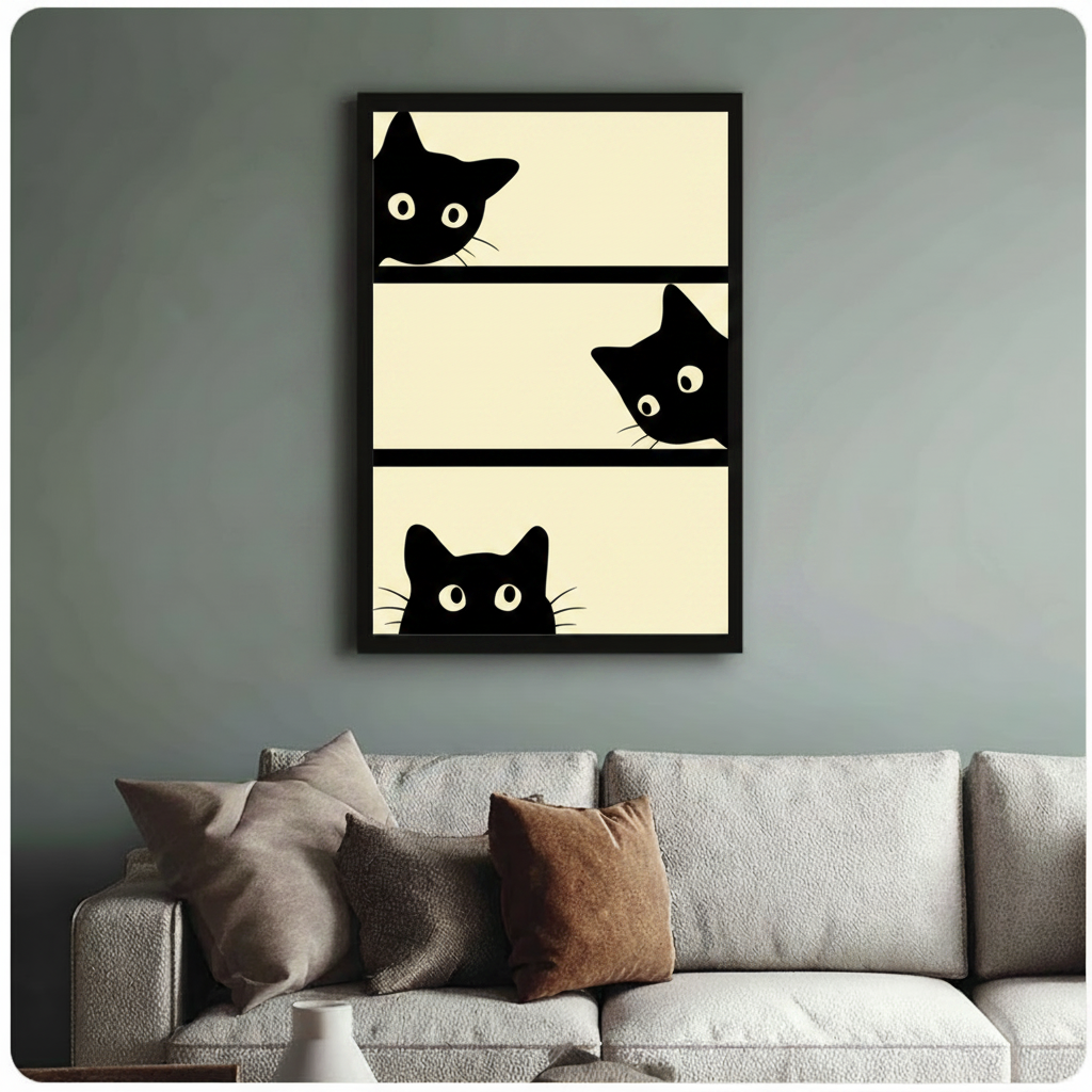 Framed minimalist black cat wall art print showing three curious cats peeking from alternating beige horizontal panels, displayed above linen sofa in sage green living room

