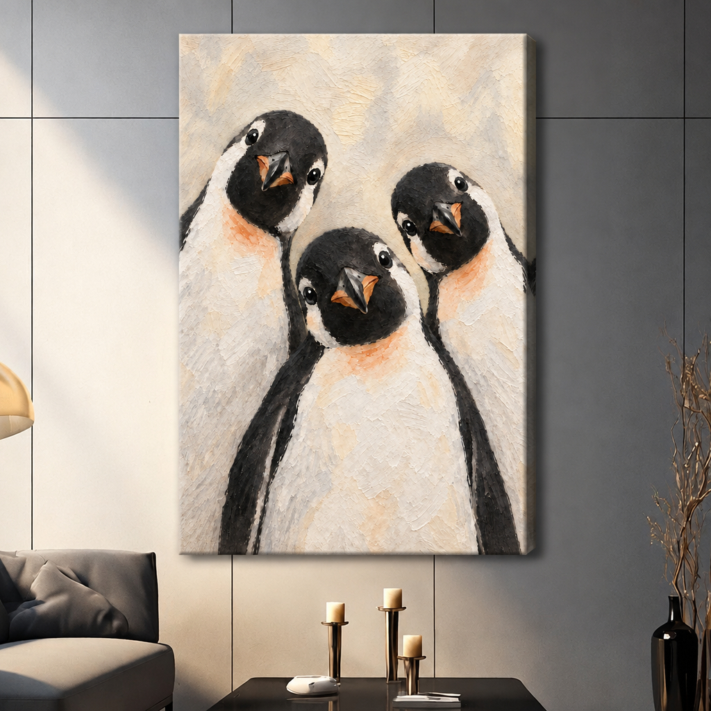 Textured oil painting style illustration of three chubby penguins with black heads orange beaks and peach-tinted white bellies huddling close together and looking forward on a warm cream background cute penguin wall art stretched canvas dark panel wall living room