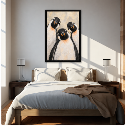 Textured oil painting style illustration of three chubby penguins with black heads orange beaks and peach-tinted white bellies huddling close together and looking forward on a warm cream background cute penguin wall art framed print above bed sunlit bedroom