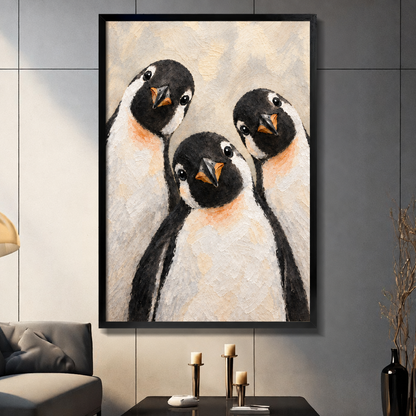 Textured oil painting style illustration of three chubby penguins with black heads orange beaks and peach-tinted white bellies huddling close together and looking forward on a warm cream background cute penguin wall art framed print dark panel wall living room