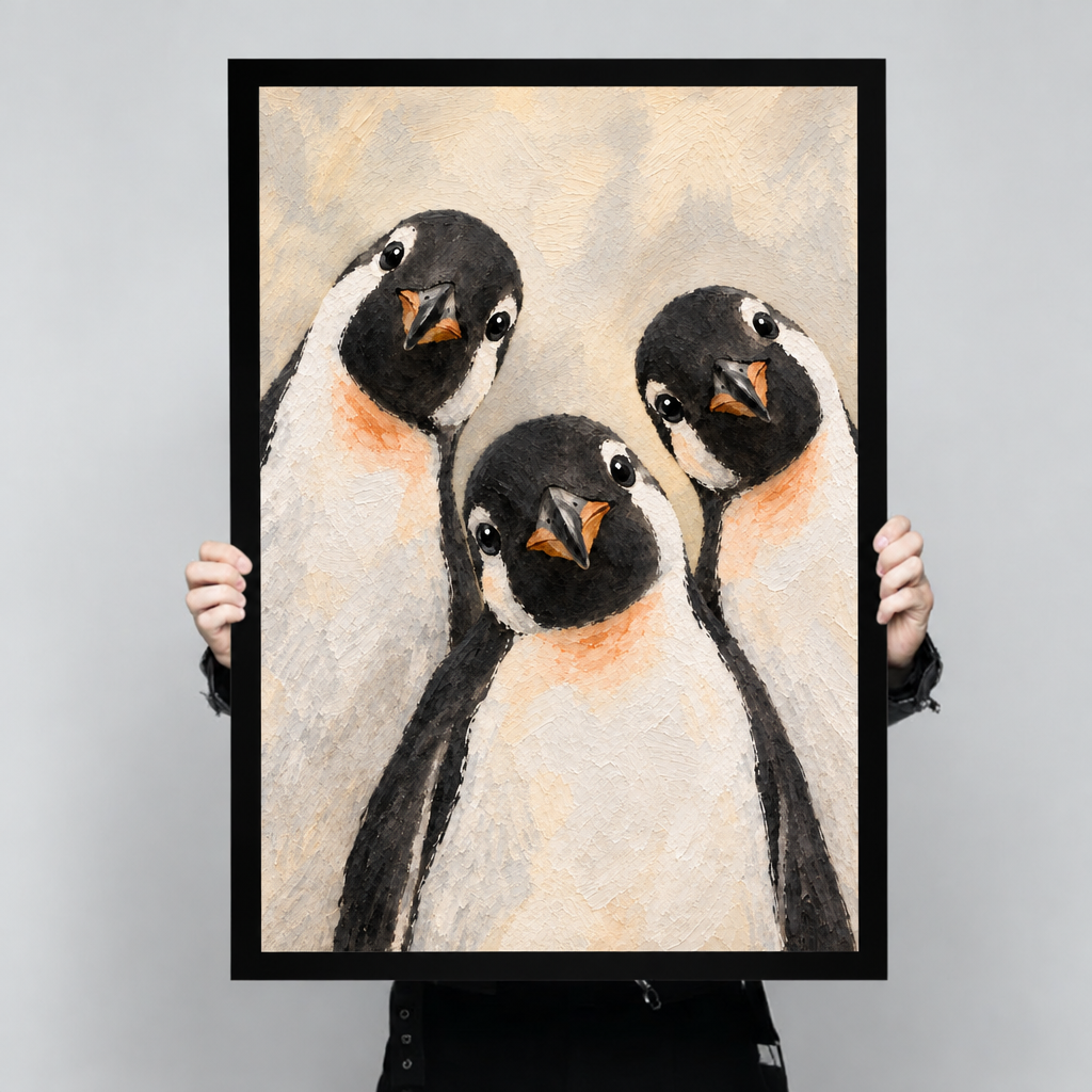 Textured oil painting style illustration of three chubby penguins with black heads orange beaks and peach-tinted white bellies huddling close together and looking forward on a warm cream background cute penguin wall art framed print held up