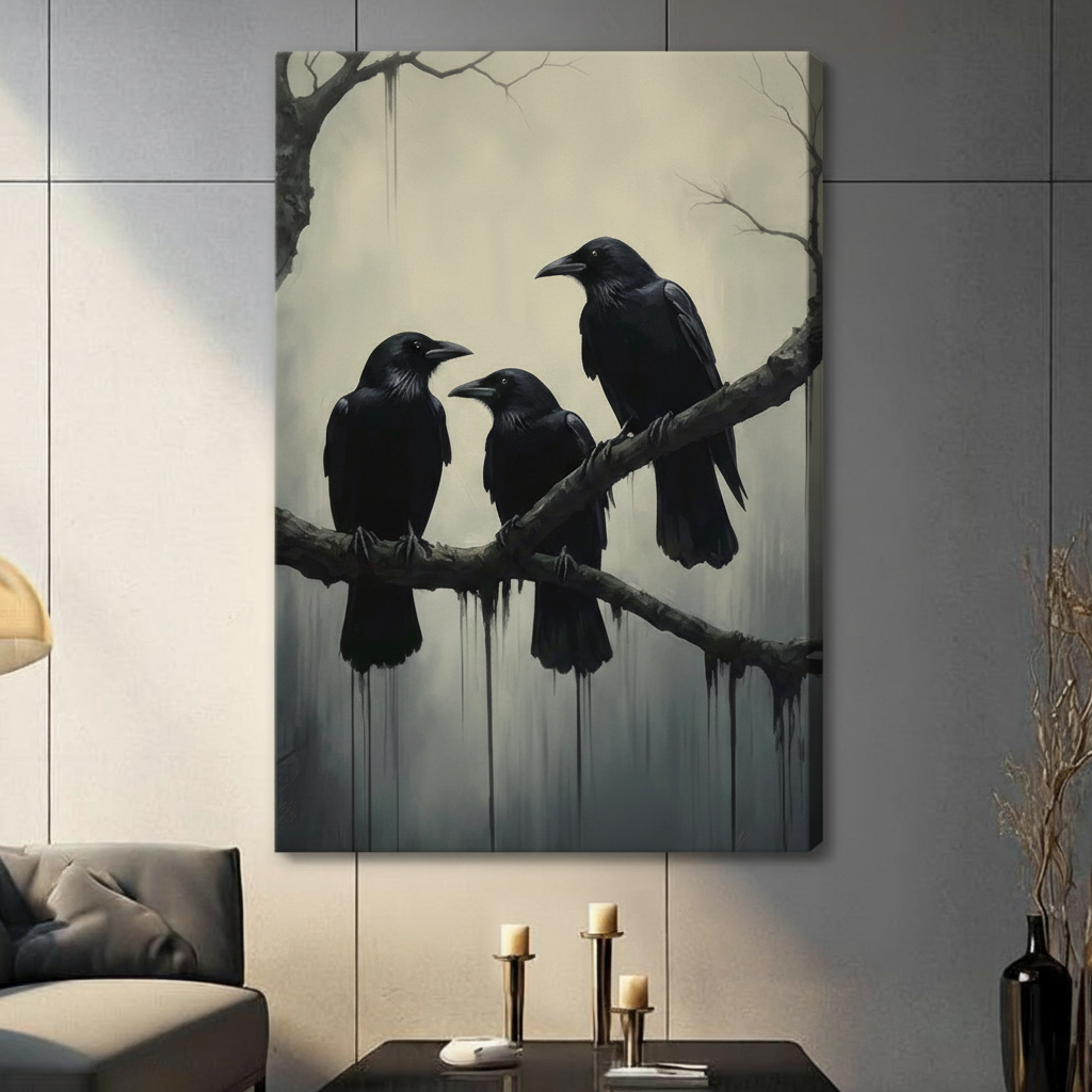 Gallery wrap canvas three black ravens on bare branch misty gray ink drip gothic dark oil painting crow wall art