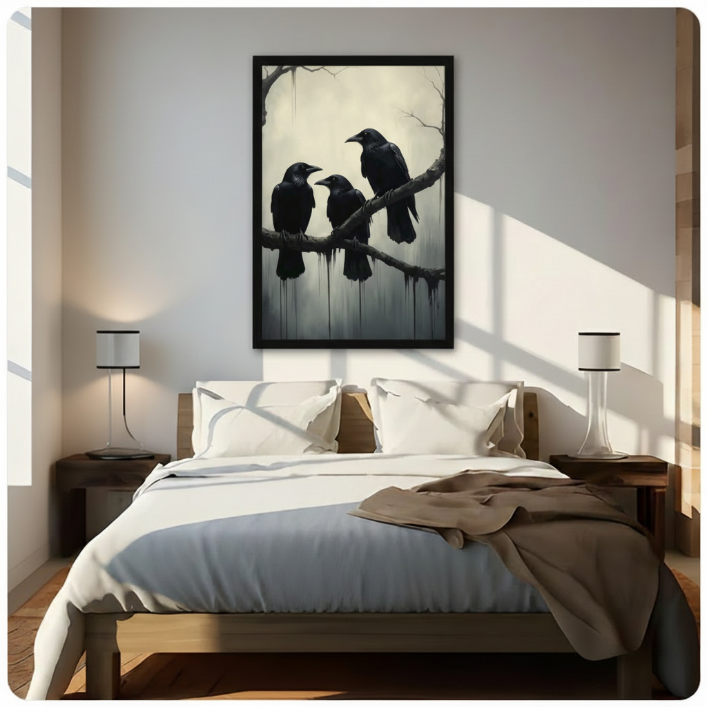 Black framed gothic three ravens bare branch misty ink drip dark oil painting dark academia canvas wall art above dark wood bed