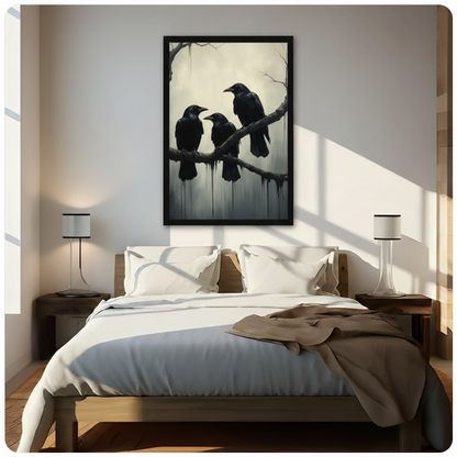 Black framed gothic three ravens bare branch misty ink drip dark oil painting dark academia canvas wall art above dark wood bed
