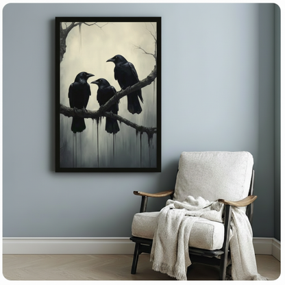 Black framed gothic three ravens bare branch ink drip dark oil painting dark academia canvas art hung beside a white lounge chair