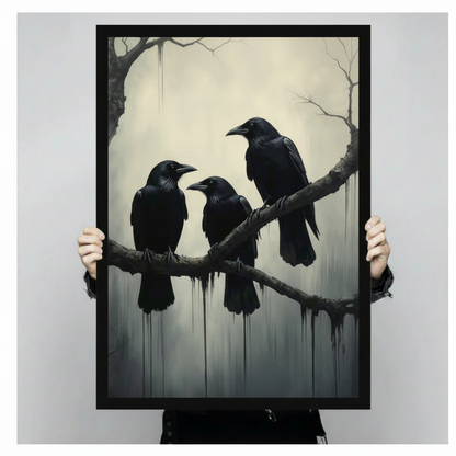 Hands holding black framed gothic three black ravens on bare branch ink drip dark oil painting canvas art size display