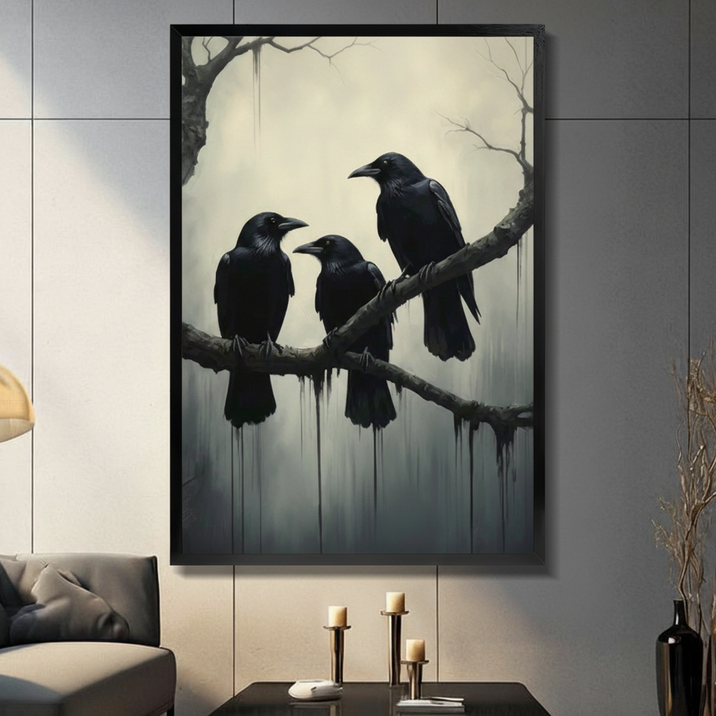Black framed gothic three black ravens perched on a bare branch with ink drip background dark academia oil painting canvas wall art in a modern living room