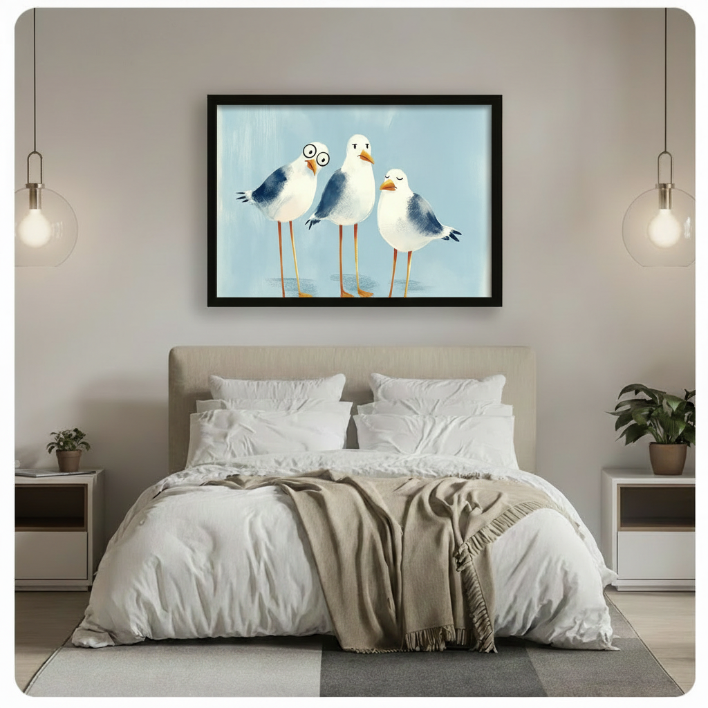 Three chubby seagulls with funny expressions one wearing round glasses on a soft blue background funny coastal seagull wall art framed print above a bedroom with white linen bedding white nightstands and globe pendant lights