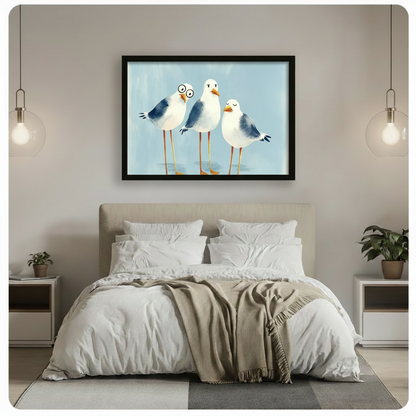 Three chubby seagulls with funny expressions one wearing round glasses on a soft blue background funny coastal seagull wall art framed print above a bedroom with white linen bedding white nightstands and globe pendant lights