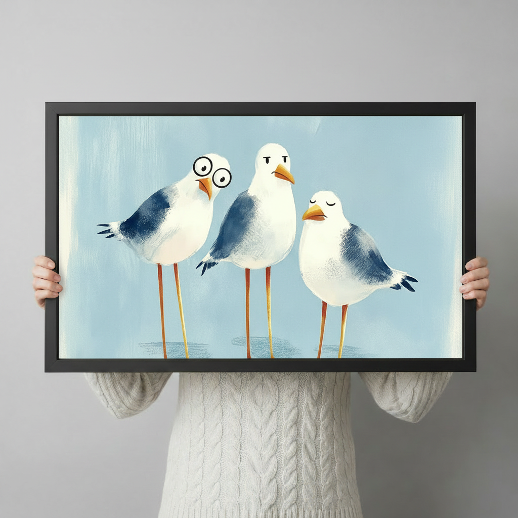 Three chubby seagulls with funny expressions one wearing round glasses on a soft blue background funny coastal seagull wall art framed print held against a light gray background