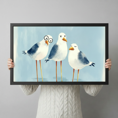 Three chubby seagulls with funny expressions one wearing round glasses on a soft blue background funny coastal seagull wall art framed print held against a light gray background