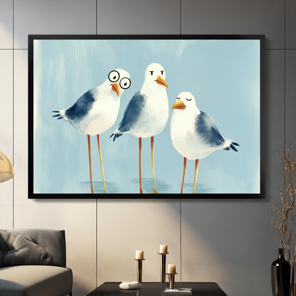 Three chubby seagulls with funny expressions one wearing round glasses on a soft blue background funny coastal seagull wall art framed print in a living room with gray sofa candle holders and black vase
