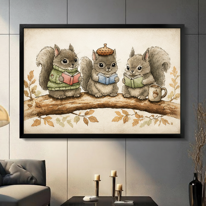 Three reading squirrels with acorn hat and coffee mug – black framed art print in storybook watercolor style on dark wall