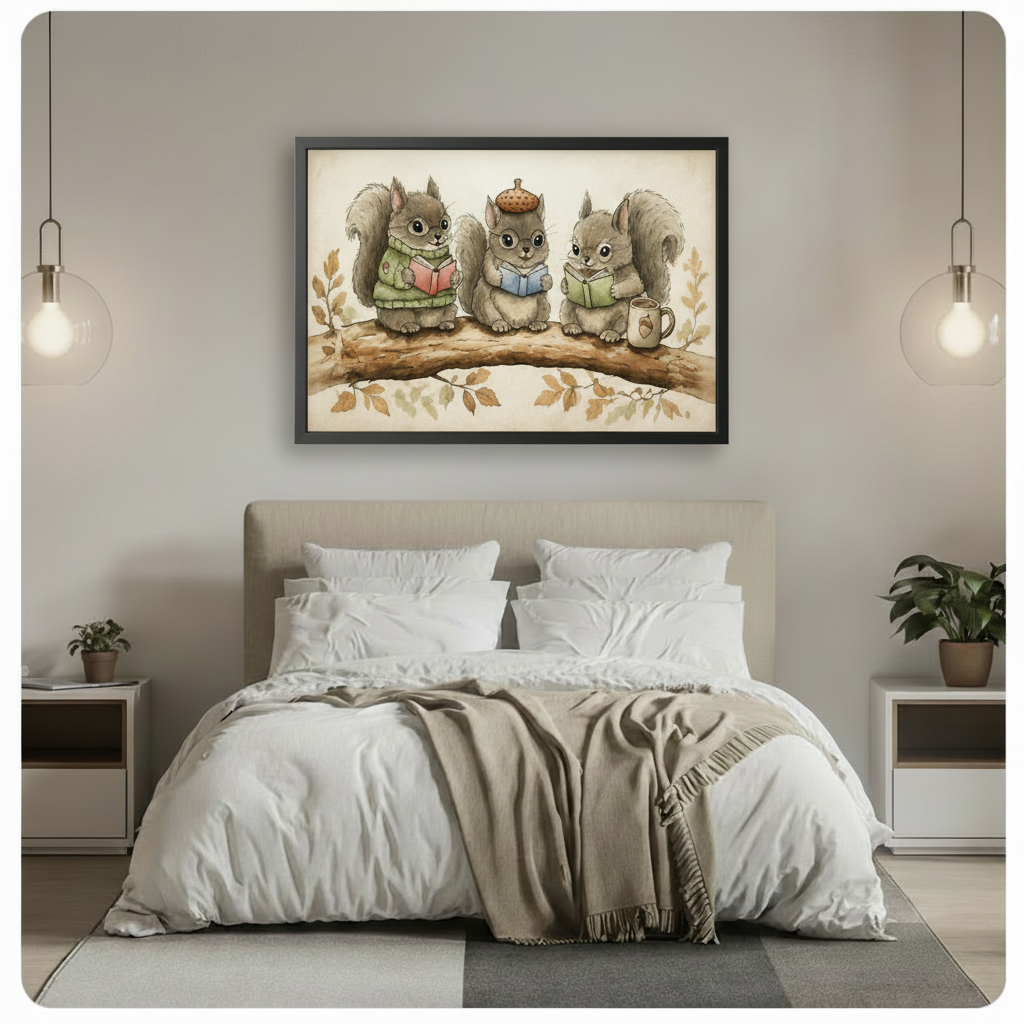 Three squirrels reading on a branch framed canvas art above bed – cozy storybook illustration in soft watercolor tones